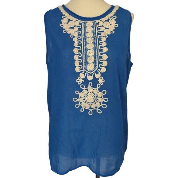 Banana Republic Top Sz 8 Gauzy Sheer Cotton Embroidery Sleeveless Zipper Blue. - Picture 8 of 16
